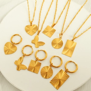 18K Gold Plated Stainless Steel Necklace Earrings Sunburst Texture Heart Butterfly Geometric Pendant Jewelry For Women