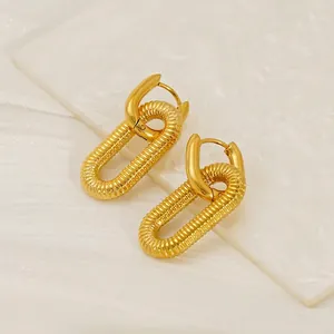 Boucles D'oreilles Mode Texture Spirale Ovale Plaqué Or 18K Acier Inoxydable Double Anneau Pour Femmes