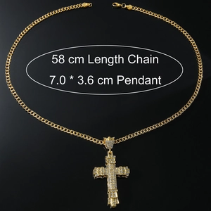 Sparkling iced out cross pendant necklace in gold with 58 cm chain for men and women