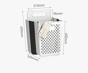 Detailed dimensions of foldable laundry basket in white and grey plastic and soft rubber