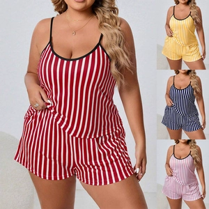Women Plus Size Striped Camisole Top And Shorts Sleeveless Contrast Trim Vertical Print Loungewear Sleepwear Casual Soft