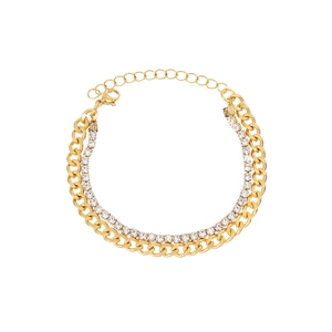 Double-layer stainless steel bracelet featuring a gold Cuban link and sparkling rhinestones