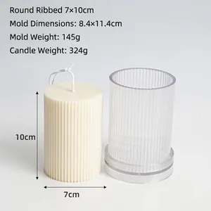 Detailed view of transparent ribbed cylinder candle mold with white textured wax sample