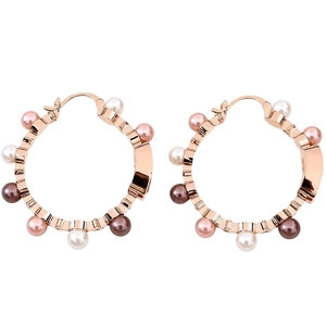 Rose gold hoop earrings with multi-colored pearls in white pink and brown finish