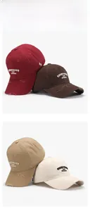 Détails de la broderie 3D et des finitions usées vintage sur la casquette de baseball