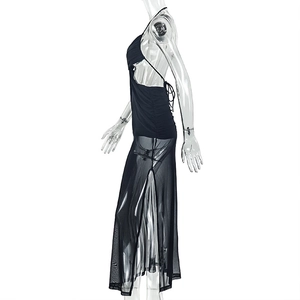 Detailed side view of black halter backless mesh maxi dress with side slit on mannequin