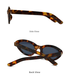 Side and back view of oval sunglasses with marble texture frames and dark lenses