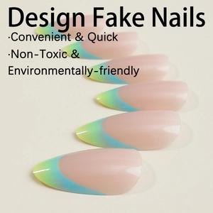 Almond shaped press-on nails with pink base and blue-green gradient French tips