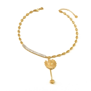Gold coffee bean chain necklace with rectangular zircons and radiant heart pendant