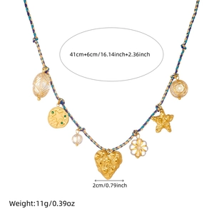 Flat lay of gold-plated stainless steel heart pendant necklace with braided rope measurements