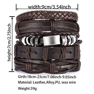 Detailed size guide for men's braided leather bracelet set with dimensions and materials