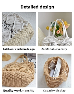 Detail of hollow woven paper rope tote bag with cotton stitching and round handles