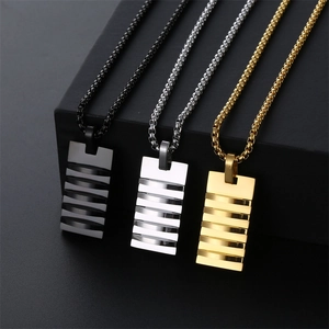 Three men's stainless steel rectangular tag necklaces in black, silver and gold finish