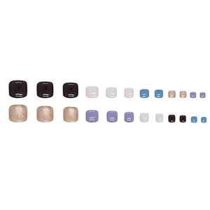 Vue à plat de 24 faux ongles de pieds assortis pailletés dorés et de couleurs unies