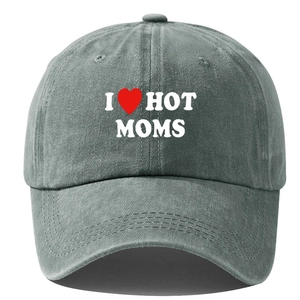 Detailed close-up of gray washed cotton baseball cap with white I Love Hot Moms embroidery