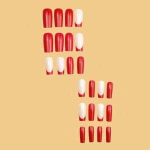 Long square red and white French tip press-on nails set with glossy finish