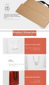 Detail of paper gift bags showing reinforced bottom and custom foil stamping finishes