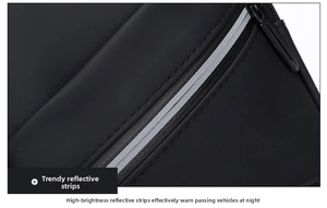 Detail of high-density oxford fabric with reflective safety strip and premium zipper
