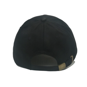Classic black cotton baseball cap back view with adjustable vintage copper metal buckle
