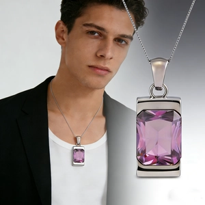 Rectangular Gemstone Pendant Necklace Stainless Steel Minimalist Geometric Jewelry Retro Style For Men Women
