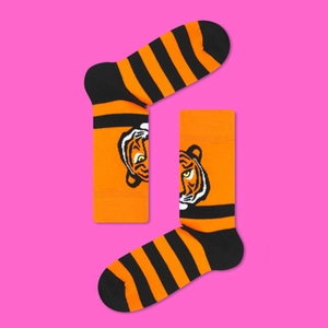 Detail of cotton crew socks featuring tiger motif with orange and black stripes