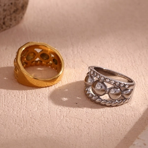 Three-layer 18K gold and silver stainless steel rings with round beads and pave zircons