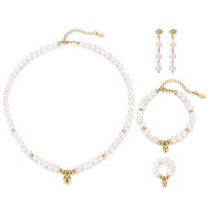 Parure de bijoux dorés avec perles d'eau douce, collier, bracelet et boucles d'oreilles