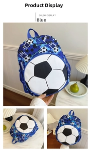 Detail of blue kids soccer backpack featuring ball pocket and mesh side storage