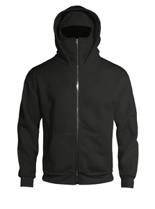 Detail of street techwear hoodie with full zip-up face mask and metal zipper texture