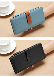 Close-up of contrast color long PU leather wallets for women with zipper and strap detail