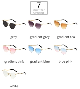Grid view of multi-colored rimless cat eye sunglasses with golden wavy metal temples