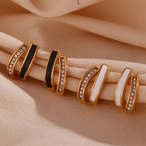 Stainless Steel U-Shaped Hoop Earrings For Women Gold Plated Enamel Spliced Geometric Fashion Jewelry Accessory With Rhinestones