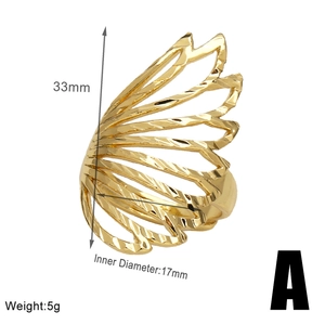 Detail view of 18k gold plated wing ring with dimensions 33mm height and 17mm diameter