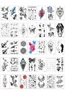 Collection of 35 waterproof tattoo stickers featuring butterflies and flowers in 60x105mm size