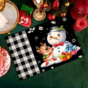Christmas placemat with snowman and reindeer on black and white buffalo plaid fabric