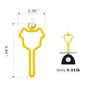 Size and weight specs for yellow dog waste bag clip, measuring 4.84 inches, 0.01lb