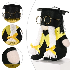 Graduation gnome plush toy wearing black mortarboard and glasses with detail shots