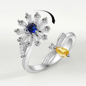 Rotating six-piece silver ring set with blue floral zircon and yellow bee design