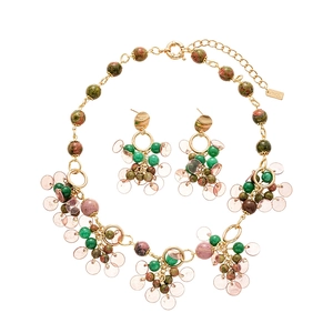 Retro vintage geometric necklace and earring set with natural stone and pink sequins