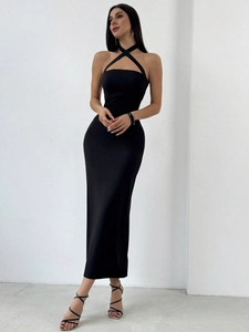 Vestido Largo Largo Con Cuello Halter Y Espalda Descubierta Para Mujer De Punto Color Sólido Ajustado Sin Mangas Cruzado