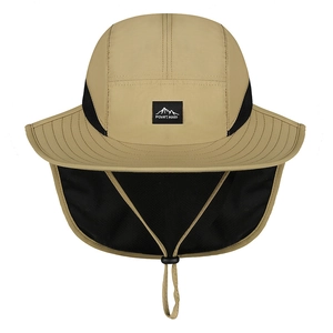 Khaki outdoor sun hat with wide brim, neck flap and Mount Hood patch on white background