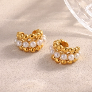 Minimalist 18K gold-plated stainless steel hoop earrings with elegant white pearls for women