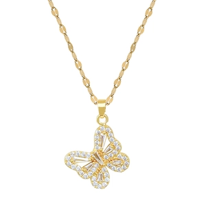 Luxurious gold butterfly pendant necklace with cubic zirconia on a chic flat link chain