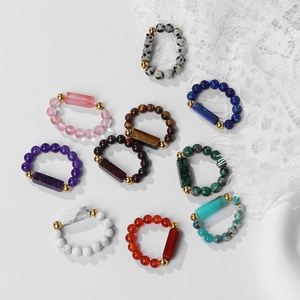 Set of 10 handmade 4mm natural stone beaded rings with gold accents and elastic band
