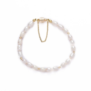 Minimalist freshwater pearl bracelet with gold beads and magnetic safety clasp