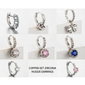 Copper Hoop Earrings With Cubic Zirconia Bow Heart Round Dangle Small Silver Plated Huggie Earring Fashion Jewelry Women