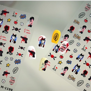 Detail of American comic style nail art stickers with red and blue pop art patterns