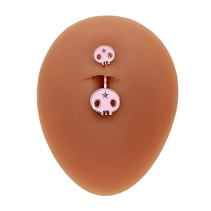Piercing de nombril double crâne en émail rose avec strass étoile bleue sur barre