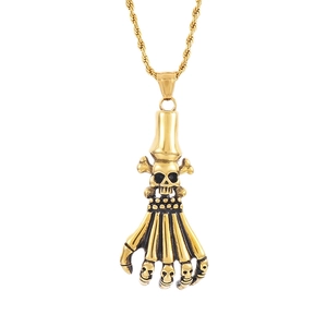 Vintage golden skeleton hand pendant with skull details in stainless steel for men