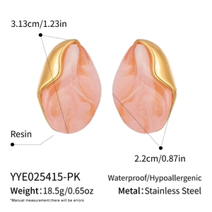 Detail view of pink resin earrings with stainless steel dimensions and technical specs